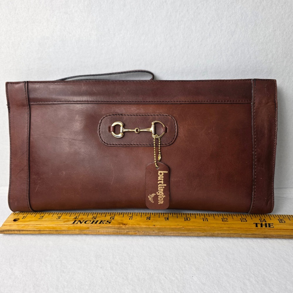 Burlington Brown Leather Horsebit Clutch Vintage Wristlet Gold Hardware Bag